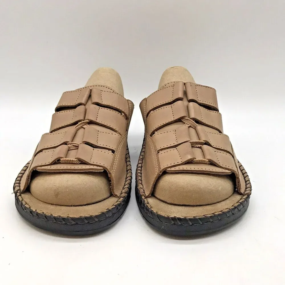 Duck Head Tan Leather Sandals Women's 7.5W Casual Comfort Wedge Slip On Slides